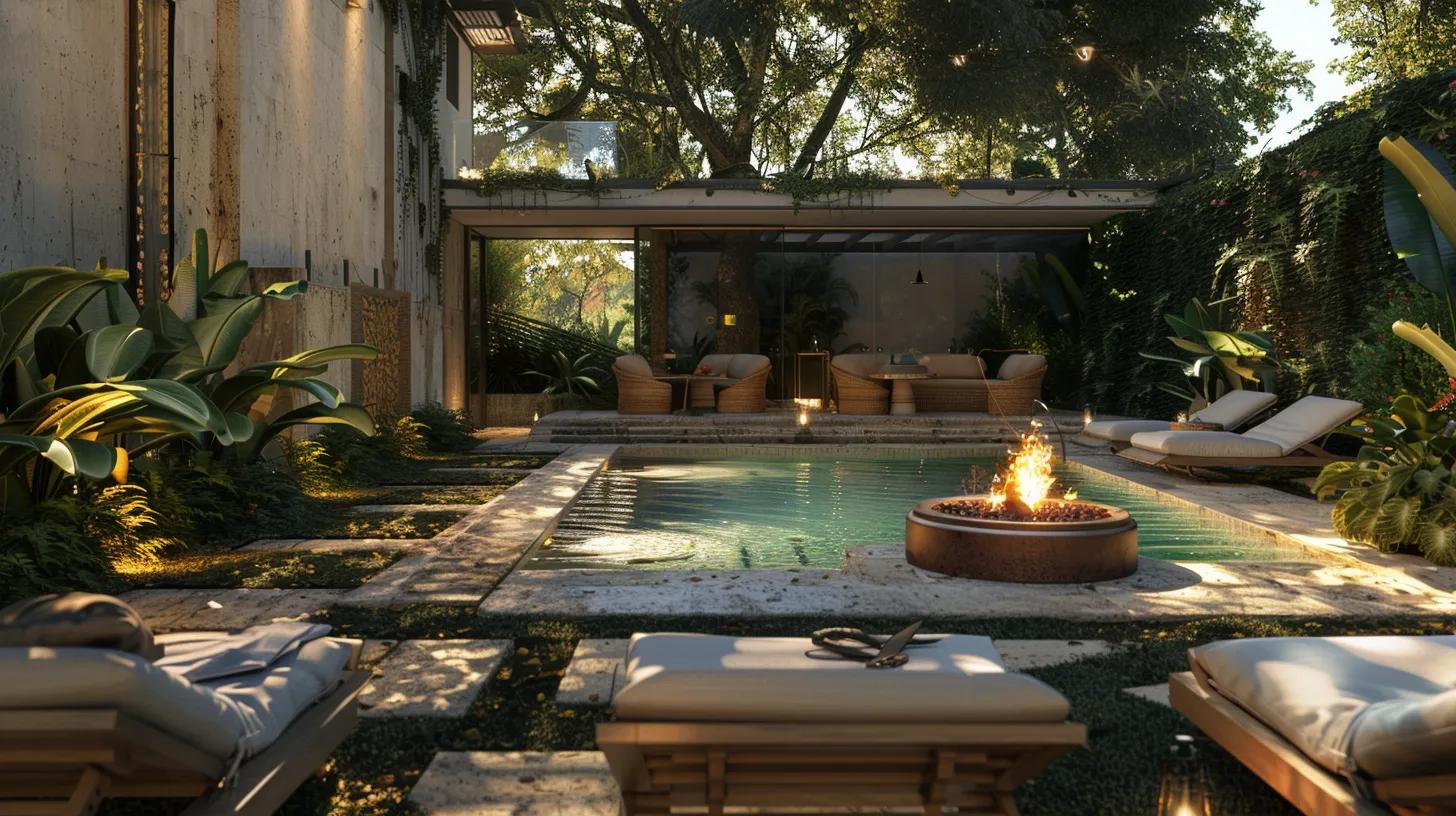 a luxurious outdoor living space featuring a sparkling pool surrounded by plush lounge chairs, a cozy fire pit with ambient lighting, and lush greenery, inviting relaxation and social gatherings under a clear blue sky. a luxurious outdoor living space featuring a sparkling pool surrounded by plush lounge chairs, a cozy fire pit with ambient lighting, and lush greenery, inviting relaxation and social gatherings under a clear blue sky.