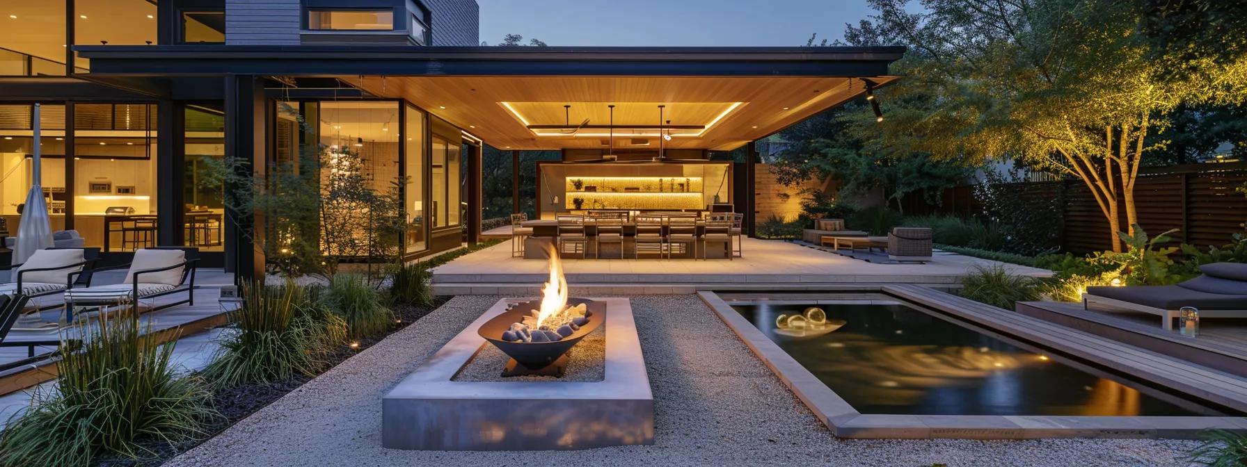 a luxurious outdoor living space showcases a sleek, modern hardscape design featuring an inviting outdoor kitchen, a stylish fire pit, and an elegant water feature, all illuminated by energy-efficient lighting against a contemporary urban backdrop. a luxurious outdoor living space showcases a sleek, modern hardscape design featuring an inviting outdoor kitchen, a stylish fire pit, and an elegant water feature, all illuminated by energy-efficient lighting against a contemporary urban backdrop.