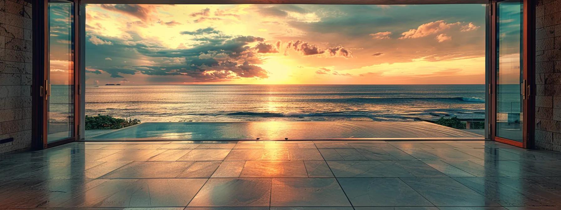 a luxurious punta mita oceanfront villa emerges elegantly against a vibrant sunset, with expansive glass doors revealing an inviting, chic interior that flows seamlessly onto a pristine terrace overlooking the tranquil waves.