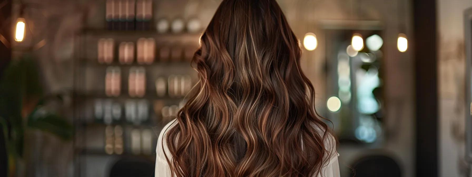 a luxurious salon interior features a professional stylist showcasing high-quality, seamlessly blended clip-in hair extensions in shades of brown, caramel, and chestnut against a sleek, modern backdrop with soft, ambient lighting. a luxurious salon interior features a professional stylist showcasing high-quality, seamlessly blended clip-in hair extensions in shades of brown, caramel, and chestnut against a sleek, modern backdrop with soft, ambient lighting.