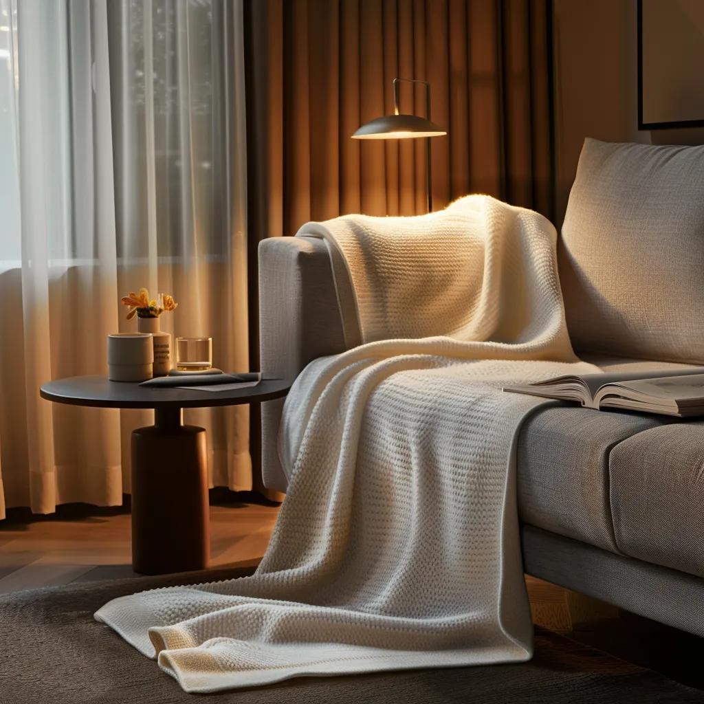 a luxurious, soft bamboo lightweight blanket draped elegantly over a modern, minimalist sofa in a stylish urban living room, bathed in warm, ambient lighting that highlights its texture and color.