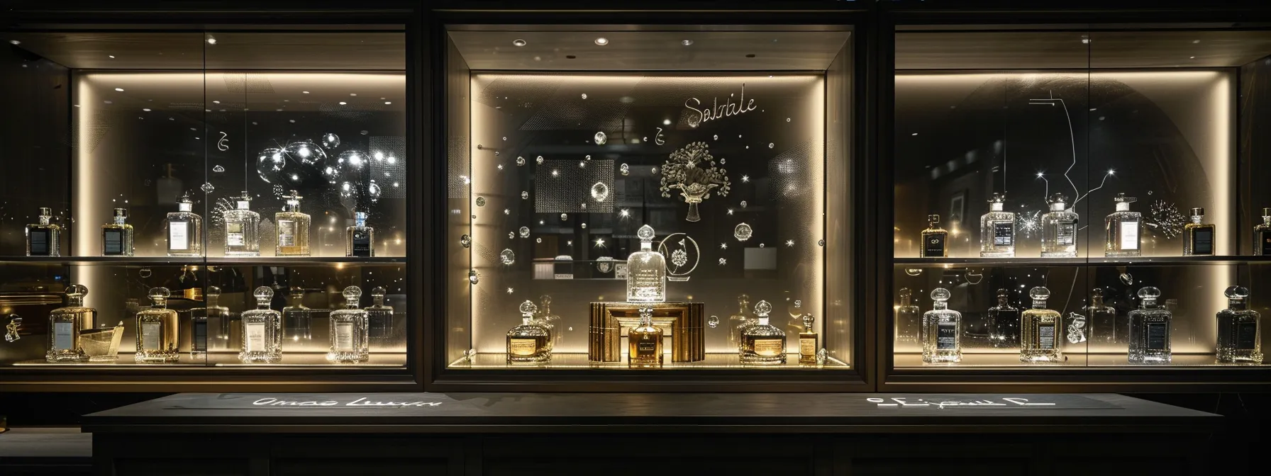 a luxurious, tastefully arranged fragrance boutique features the elegant elysium parfum cologne in a shimmering glass display, with rich textures and ambient lighting that enhances the sophisticated allure of its intricate scent profile.