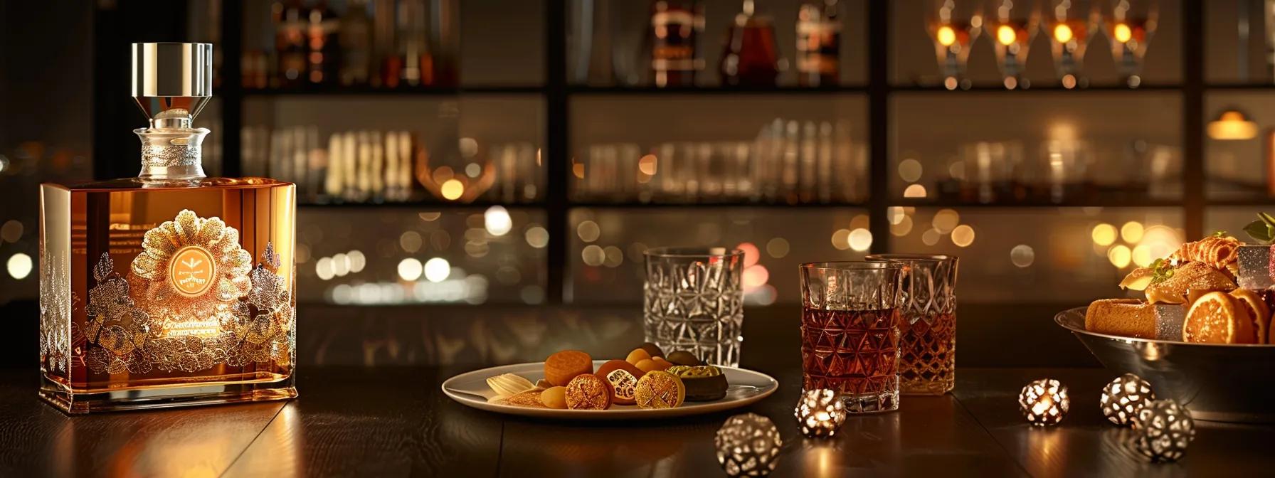a luxurious tequila gift set elegantly displayed in a chic urban office setting, featuring a beautifully engraved bottle alongside premium glassware and artisanal snacks, all warmly illuminated to highlight the thoughtful presentation.