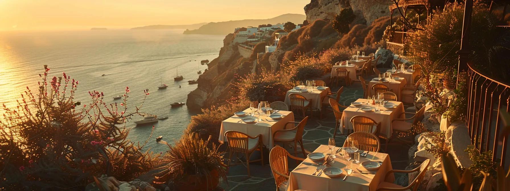 a luxurious traveler enjoys a breathtaking panoramic view from a private terrace overlooking the dramatic cliffs of santorini, with elegantly set tables and exquisite dining setup that reflects exclusivity and cultural richness.