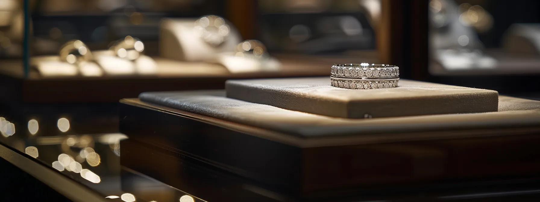 a luxurious wedding band display is showcased in an elegant jewel box within a sophisticated, dimly-lit boutique, highlighting the intricate design details and unique craftsmanship that elevate its value. a luxurious wedding band display is showcased in an elegant jewel box within a sophisticated, dimly-lit boutique, highlighting the intricate design details and unique craftsmanship that elevate its value.