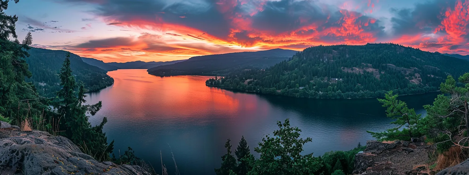 a majestic sunset casts vibrant hues of orange and pink over a tranquil lake, reflecting the breathtaking sky and surrounded by lush, emerald green forests.