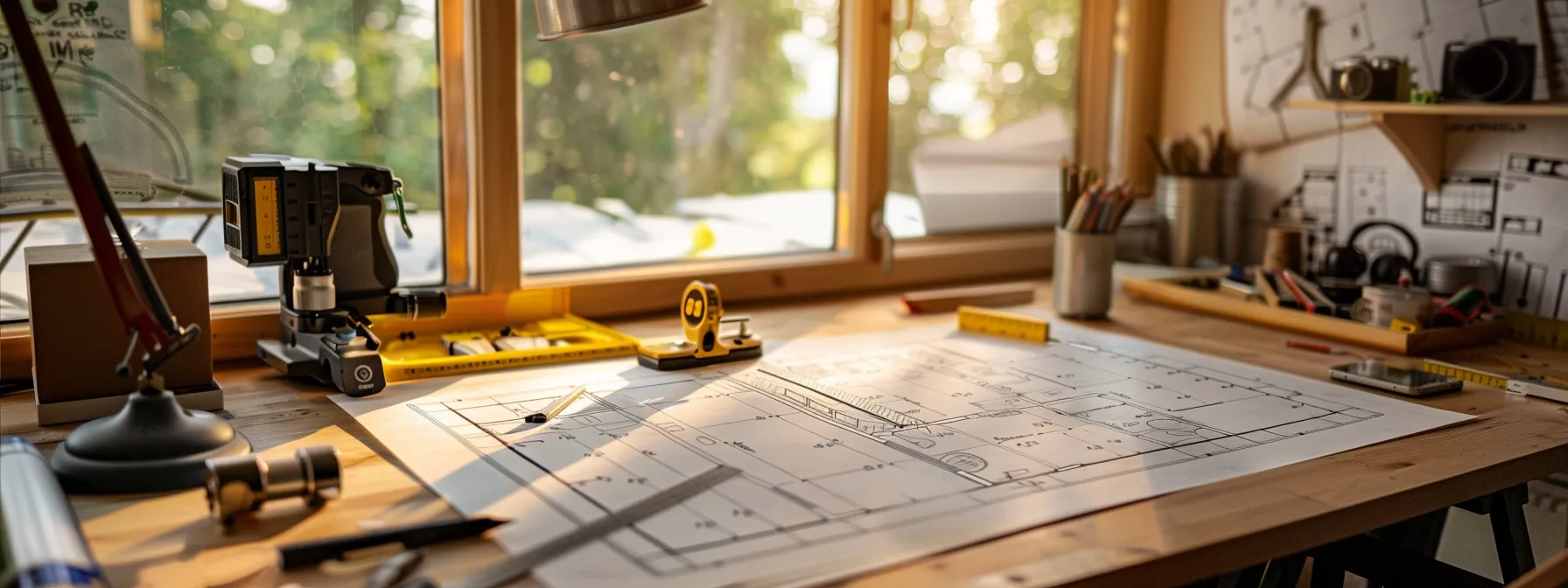 a meticulous architect's workspace showcases a detailed floor plan sketch, vibrant measuring tools, and a laser measure resting strategically on a polished wooden table, illuminated by soft, natural light streaming through a nearby window.