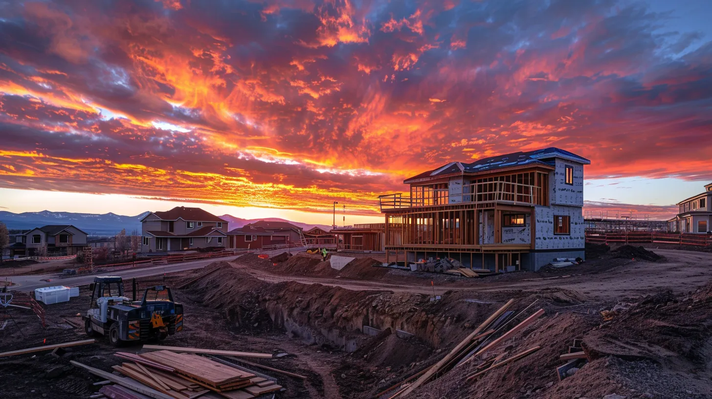 a meticulous construction site during golden hour, showcasing a partially completed custom home under a vibrant sky, symbolizing the complexities of managing timelines and deadlines in the building process. a meticulous construction site during golden hour, showcasing a partially completed custom home under a vibrant sky, symbolizing the complexities of managing timelines and deadlines in the building process.