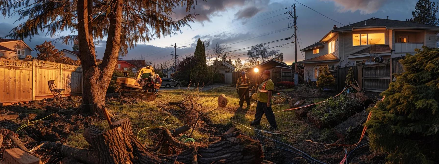 a meticulous contractor inspects a residential backyard post-emergency tree removal, surrounded by neatly cleared debris and safety equipment, illuminated by soft artificial lights in a modern urban setting.