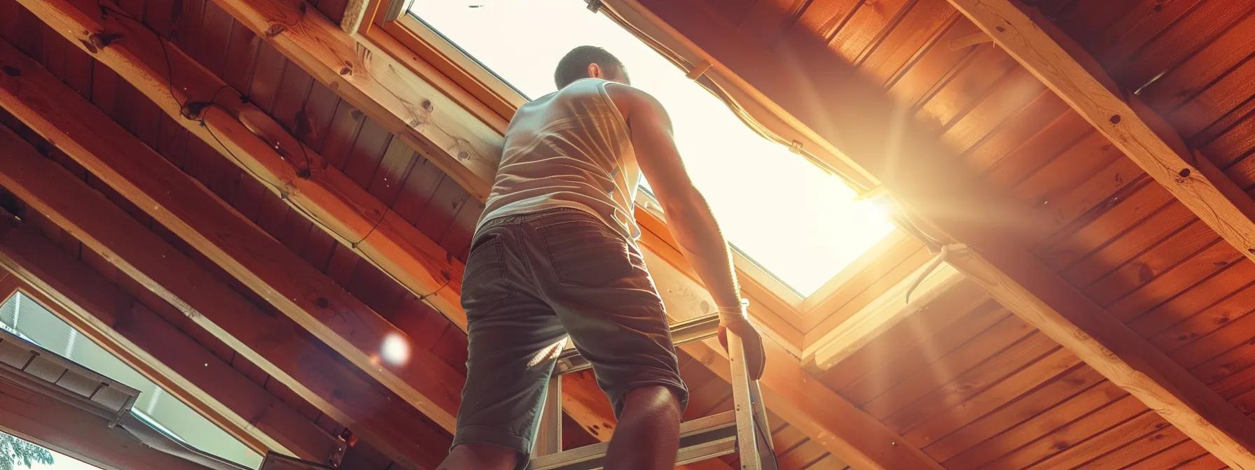 a meticulous diy enthusiast inspects a roof from a sturdy ladder, using an infrared camera to identify hidden issues, with visible signs of wear like cracked shingles and beams of light peeking through the attic overhead, all captured in a well-lit urban setting. a meticulous diy enthusiast inspects a roof from a sturdy ladder, using an infrared camera to identify hidden issues, with visible signs of wear like cracked shingles and beams of light peeking through the attic overhead, all captured in a well-lit urban setting.
