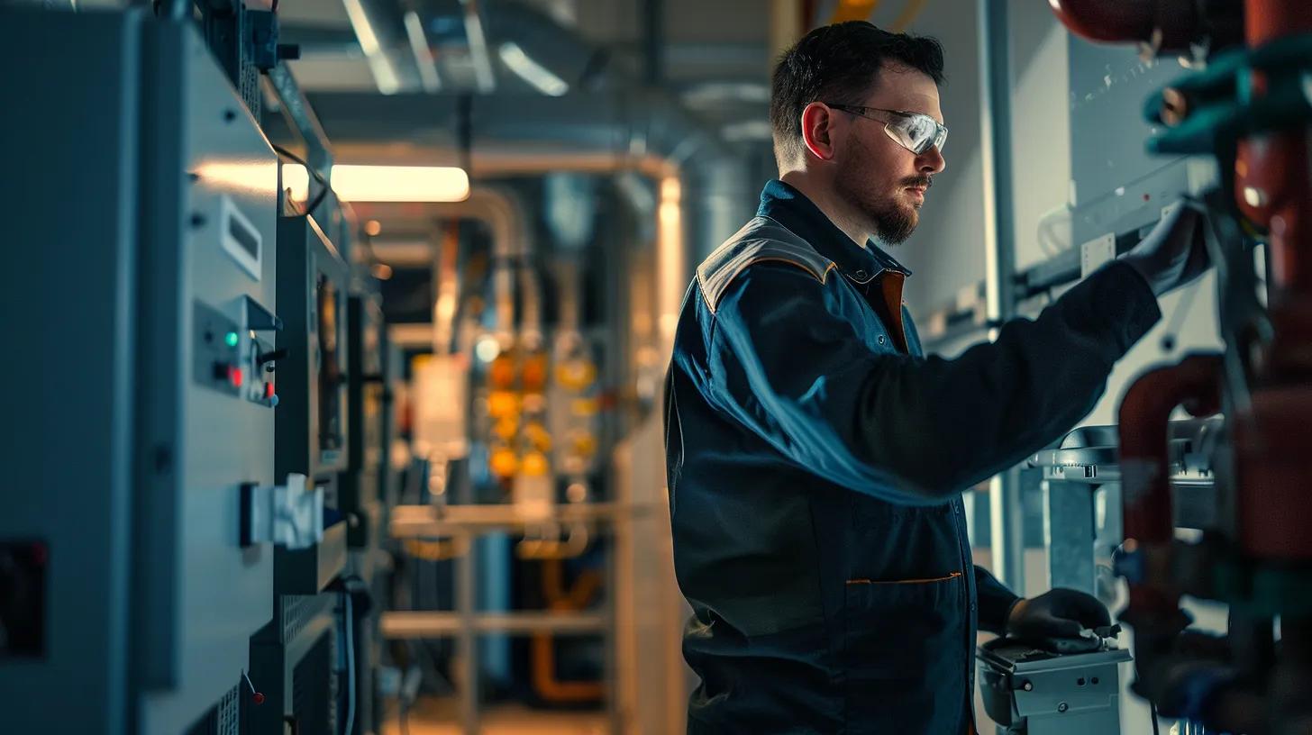 a meticulous hvac technician inspects an industrial system in a well-lit, modern office, surrounded by tools and diagnostic equipment, emphasizing the precision and thoroughness of seasonal maintenance. a meticulous hvac technician inspects an industrial system in a well-lit, modern office, surrounded by tools and diagnostic equipment, emphasizing the precision and thoroughness of seasonal maintenance.