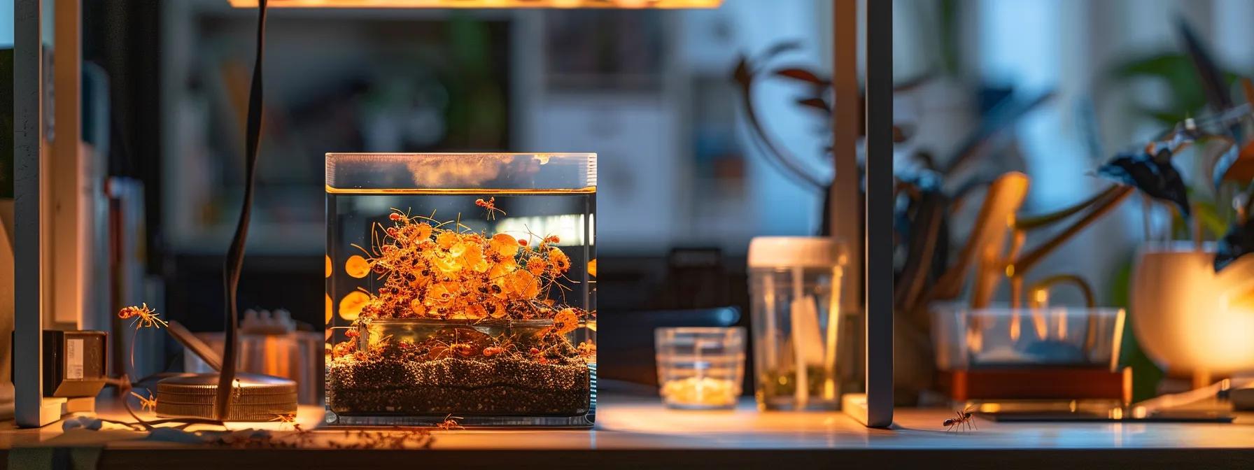 a meticulously arranged ant cube setup sits on a sleek modern desk, showcasing vibrant ant colonies actively engaging with their environment under warm indoor lighting, symbolizing the complexity and care involved in nurturing these fascinating creatures. a meticulously arranged ant cube setup sits on a sleek modern desk, showcasing vibrant ant colonies actively engaging with their environment under warm indoor lighting, symbolizing the complexity and care involved in nurturing these fascinating creatures.