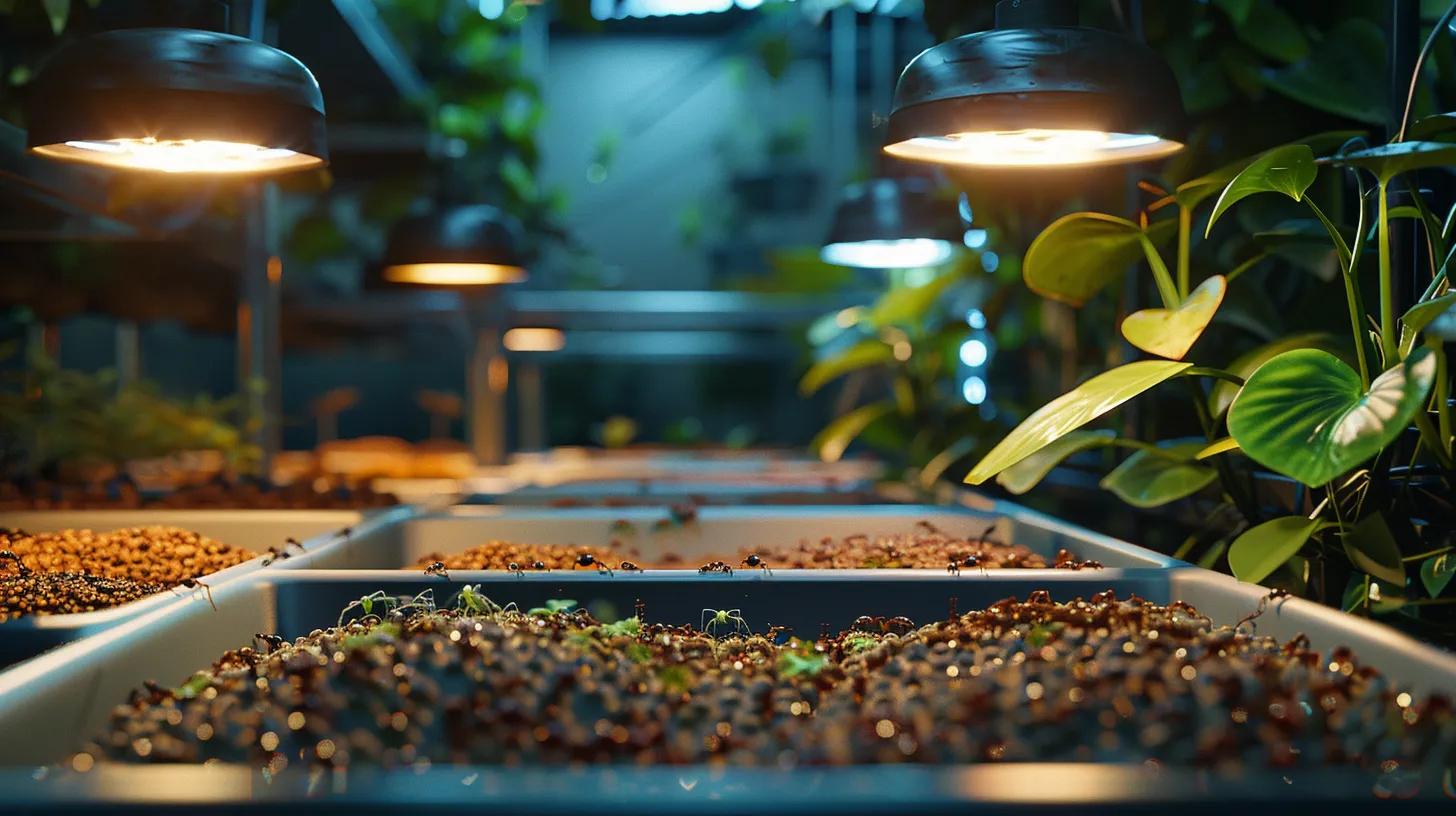 a meticulously arranged ant farm setup under soft, focused office lighting, showcasing a vibrant array of nutrient-rich food and hydration sources, emphasizing the importance of nutritional balance in ant colony management. a meticulously arranged ant farm setup under soft, focused office lighting, showcasing a vibrant array of nutrient-rich food and hydration sources, emphasizing the importance of nutritional balance in ant colony management.