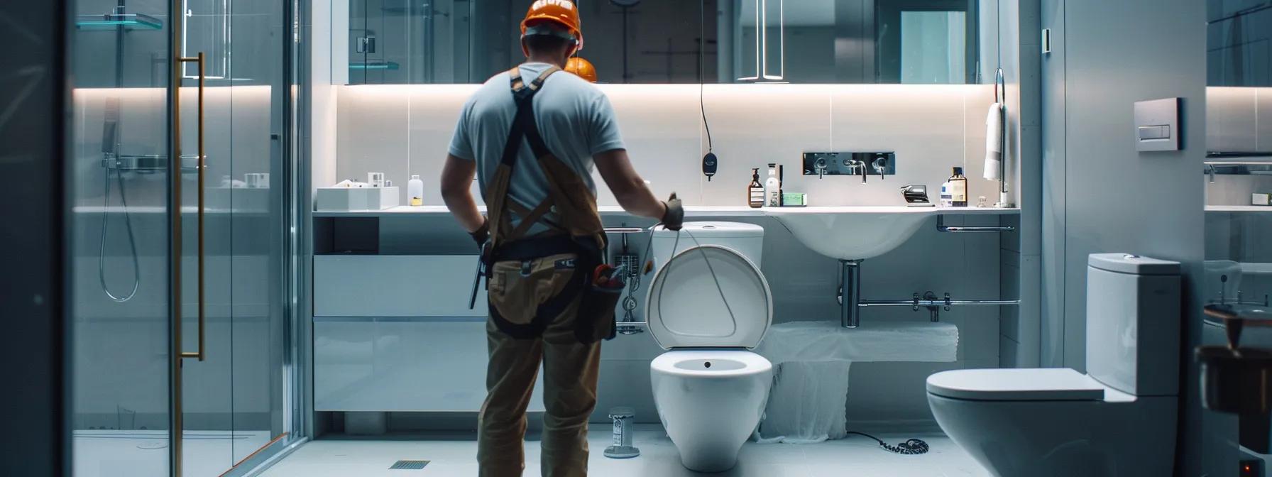 a meticulously arranged bathroom installation scene showcases a plumber in a modern, well-lit space, expertly connecting gleaming chrome water lines to a brand-new toilet setup, highlighting the precision and importance of secure plumbing connections. a meticulously arranged bathroom installation scene showcases a plumber in a modern, well-lit space, expertly connecting gleaming chrome water lines to a brand-new toilet setup, highlighting the precision and importance of secure plumbing connections.