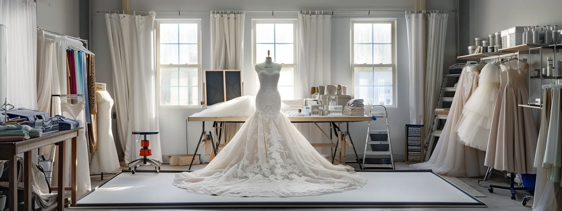 a meticulously arranged bridal fitting studio showcases a modest wedding dress draped elegantly on a mannequin, surrounded by fabric swatches and measurement tools, emphasizing the importance of quality verification and perfect fit for online shopping. a meticulously arranged bridal fitting studio showcases a modest wedding dress draped elegantly on a mannequin, surrounded by fabric swatches and measurement tools, emphasizing the importance of quality verification and perfect fit for online shopping.