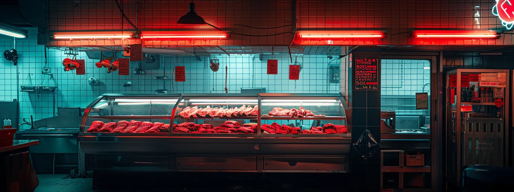 a meticulously arranged butcher shop display features a gleaming half side of beef, alongside neatly labeled cuts and transparent pricing charts, illuminated by warm overhead lights that enhance the inviting atmosphere of quality meat processing. a meticulously arranged butcher shop display features a gleaming half side of beef, alongside neatly labeled cuts and transparent pricing charts, illuminated by warm overhead lights that enhance the inviting atmosphere of quality meat processing.