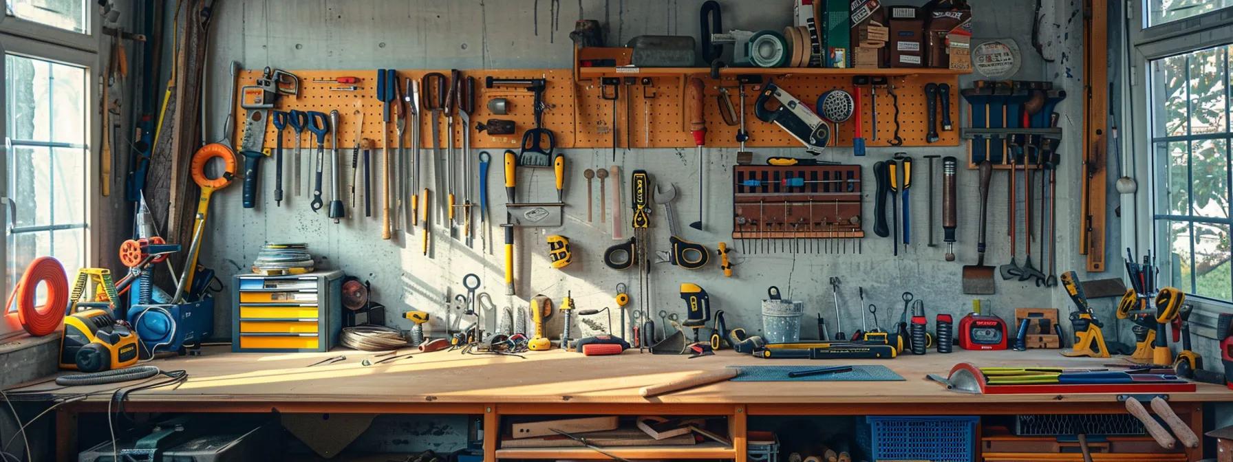 a meticulously arranged collection of high-quality arbor care tools displayed on a sleek, modern workbench in a well-lit indoor workshop, emphasizing efficiency and professionalism in tree maintenance.