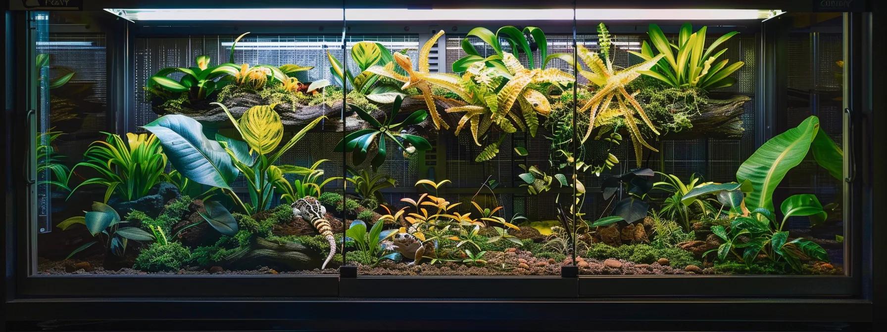 a meticulously arranged crested gecko terrarium featuring a precise temperature control panel and heating elements, illuminated by soft artificial lighting to highlight its well-maintained habitat during a seasonal temperature adjustment. a meticulously arranged crested gecko terrarium featuring a precise temperature control panel and heating elements, illuminated by soft artificial lighting to highlight its well-maintained habitat during a seasonal temperature adjustment.