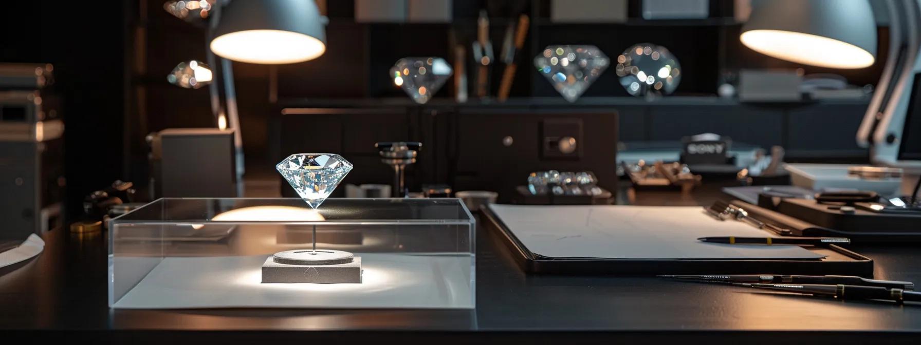 a meticulously arranged diamond grading workstation, illuminated by focused overhead lighting, showcases a brilliant, expertly cut diamond on a glass pedestal alongside high-tech magnifying tools and certification documents from renowned gemological institutes, emphasizing the precision and authenticity essential in diamond evaluation.