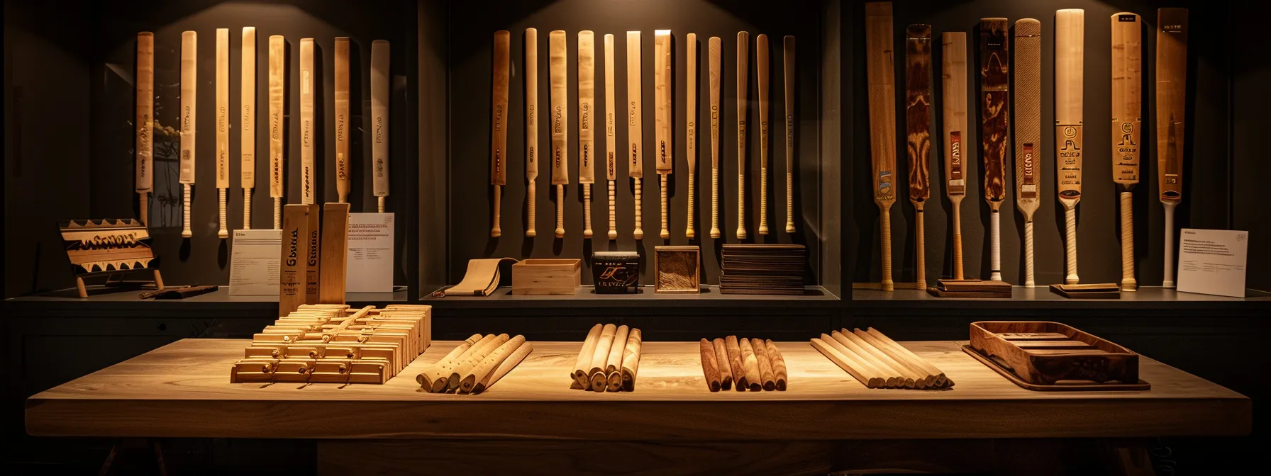 a meticulously arranged display of various cricket bats showcased on a sleek, modern office desk, surrounded by samples of quality woods, adhesives, and finishing products, emphasising the craftsmanship and materials that define performance in the game. a meticulously arranged display of various cricket bats showcased on a sleek, modern office desk, surrounded by samples of quality woods, adhesives, and finishing products, emphasising the craftsmanship and materials that define performance in the game.