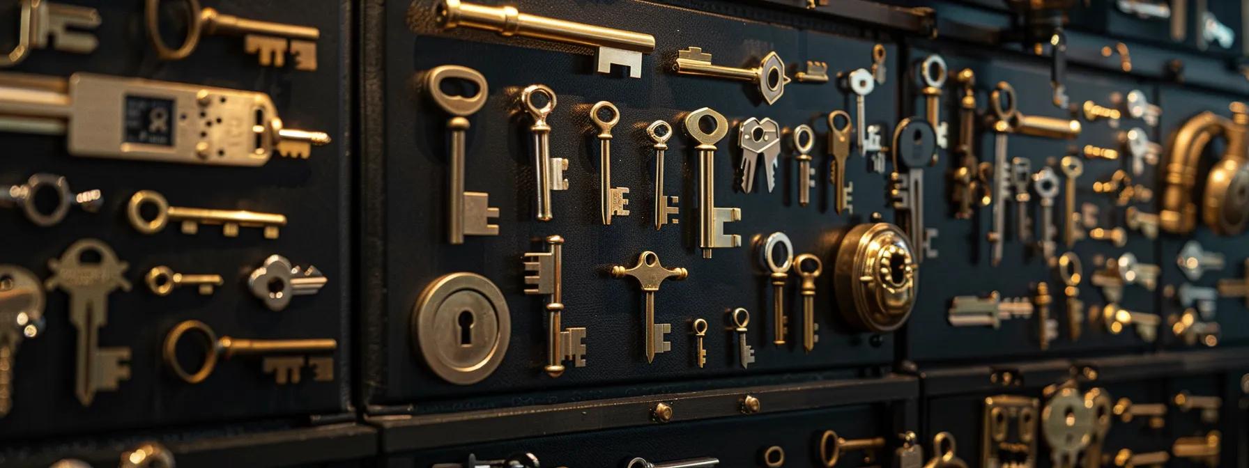 a meticulously arranged display of various master keys and locks, highlighted by soft, focused lighting to emphasize their intricate designs and the importance of security in access management. a meticulously arranged display of various master keys and locks, highlighted by soft, focused lighting to emphasize their intricate designs and the importance of security in access management.