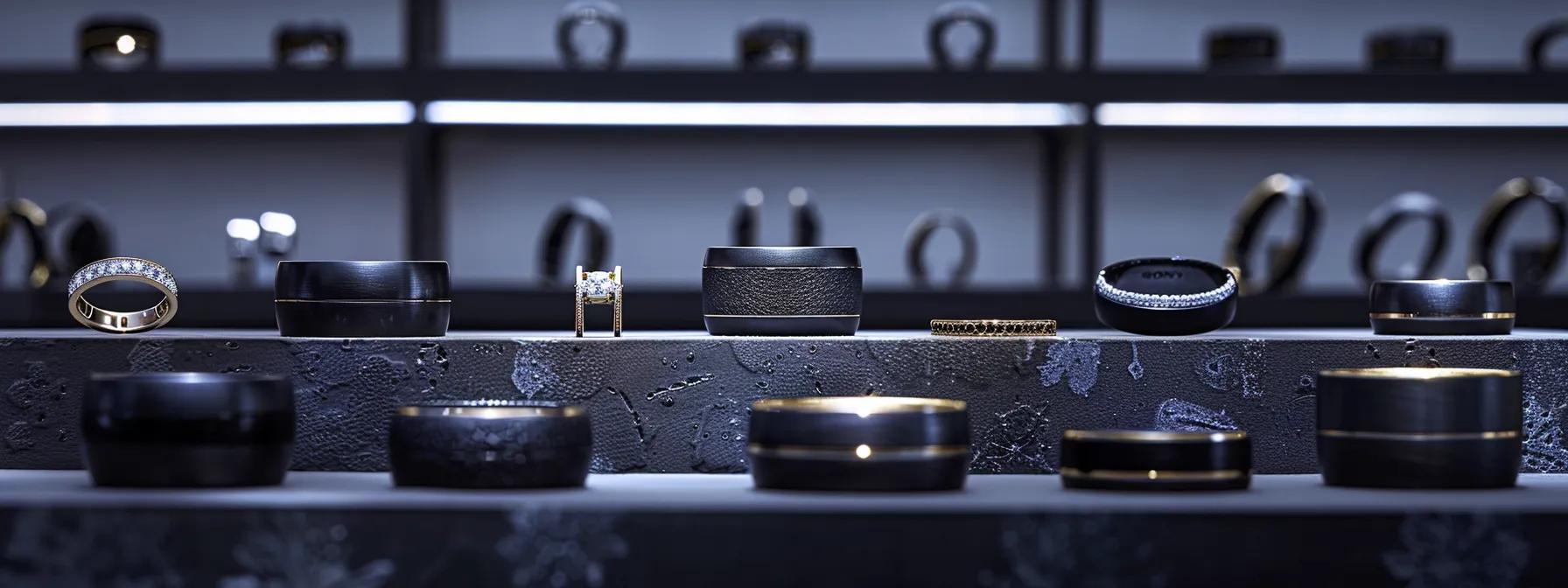 a meticulously arranged display of various black engagement bands, showcasing their sleek materials and finishes under dramatic studio lighting, highlighting their durability and resistance to everyday wear. a meticulously arranged display of various black engagement bands, showcasing their sleek materials and finishes under dramatic studio lighting, highlighting their durability and resistance to everyday wear.