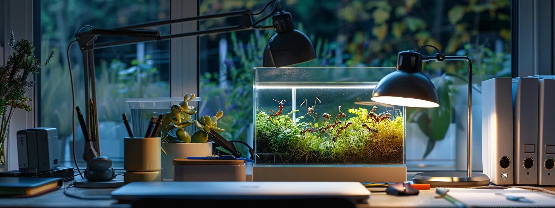 a meticulously arranged indoor workspace features a pristine ant cube under a bright desk lamp, with caretakers attentively observing the colony's activity through a transparent enclosure, showcasing their commitment to monitoring and maintaining the health of the ants. a meticulously arranged indoor workspace features a pristine ant cube under a bright desk lamp, with caretakers attentively observing the colony's activity through a transparent enclosure, showcasing their commitment to monitoring and maintaining the health of the ants.