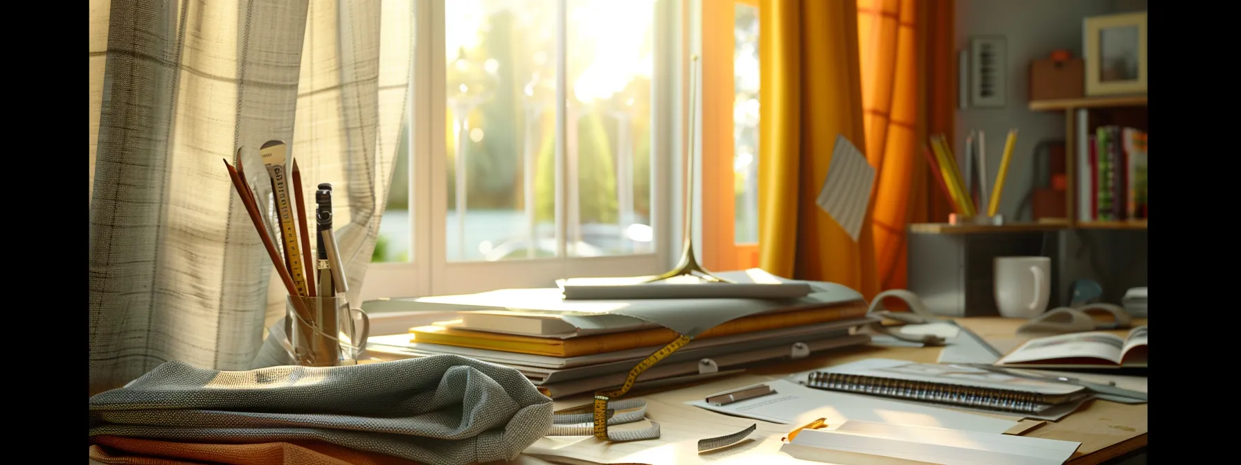 a meticulously arranged interior scene showcases a precise measurement session for custom fit curtains, featuring a sleek, modern workspace with a large window, a metal tape measure, fabric swatches, and a notepad, emphasizing accuracy in curtain sizing and design.