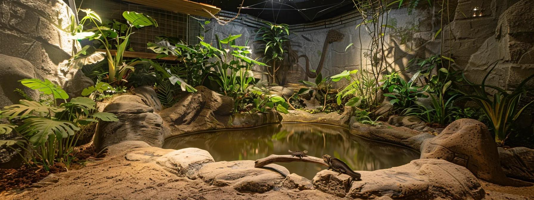 a meticulously arranged lizard habitat filled with diverse, non-toxic decor elements such as natural substrates, rocky outcrops, and a subtle water feature, all illuminated by full-spectrum lighting to enhance visual appeal and simulate a sunlit environment. a meticulously arranged lizard habitat filled with diverse, non-toxic decor elements such as natural substrates, rocky outcrops, and a subtle water feature, all illuminated by full-spectrum lighting to enhance visual appeal and simulate a sunlit environment.
