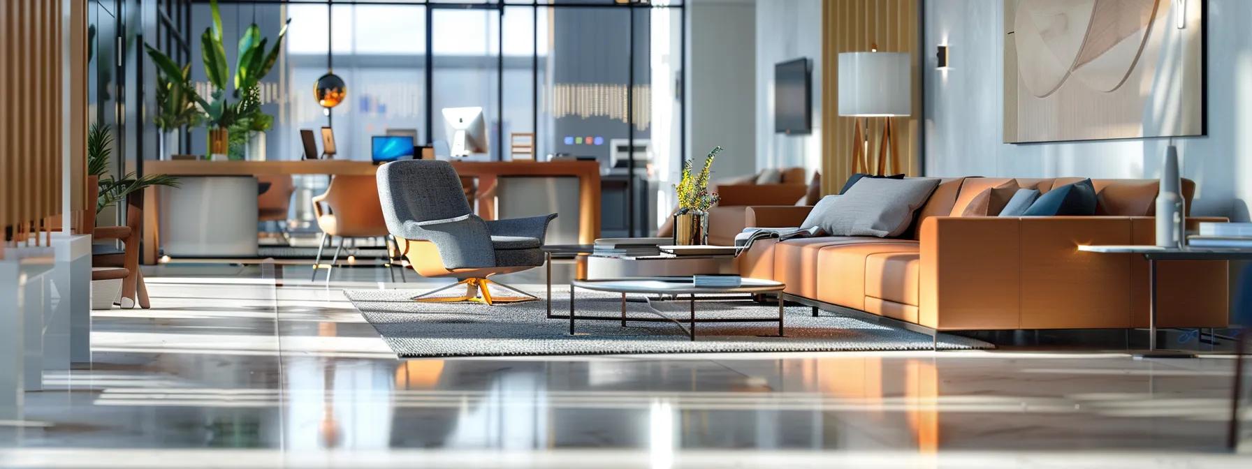 a meticulously arranged modern office space showcases elegant furniture pieces, highlighting their polished surfaces and inviting design, with a focus on various cleaning and maintenance tools artfully displayed nearby.