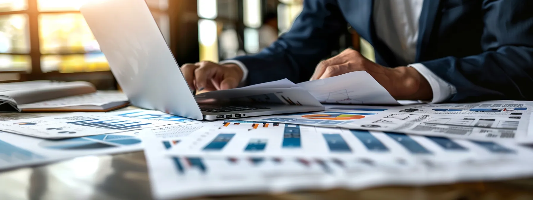 a meticulously arranged office setting showcases a professional consultant reviewing a list of ac installation companies on a sleek laptop, surrounded by paperwork and brochures, highlighting the importance of informed decision-making in selecting a reliable provider.