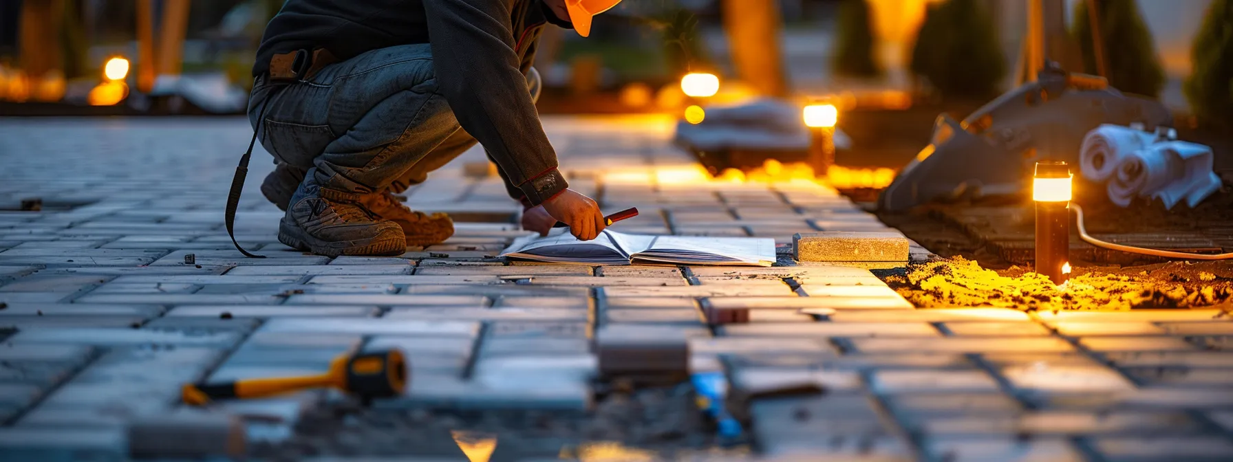 a meticulously arranged paver installation site in st. cloud, florida, showcasing a skilled professional reviewing an organized blueprint amidst vibrant tools and square, freshly laid pavers, all under warm, inviting ambient lighting that highlights the craftsmanship of outdoor renovations. a meticulously arranged paver installation site in st. cloud, florida, showcasing a skilled professional reviewing an organized blueprint amidst vibrant tools and square, freshly laid pavers, all under warm, inviting ambient lighting that highlights the craftsmanship of outdoor renovations.