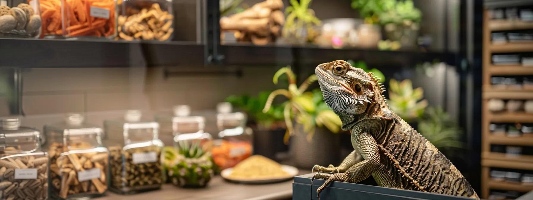 a meticulously arranged pet care space showcases a vibrant bearded dragon perched on a sleek, modern feeding station surrounded by labeled containers of safe feeder insects and clear warnings about toxic foods and plants, emphasizing the importance of a balanced diet for reptile health. a meticulously arranged pet care space showcases a vibrant bearded dragon perched on a sleek, modern feeding station surrounded by labeled containers of safe feeder insects and clear warnings about toxic foods and plants, emphasizing the importance of a balanced diet for reptile health.