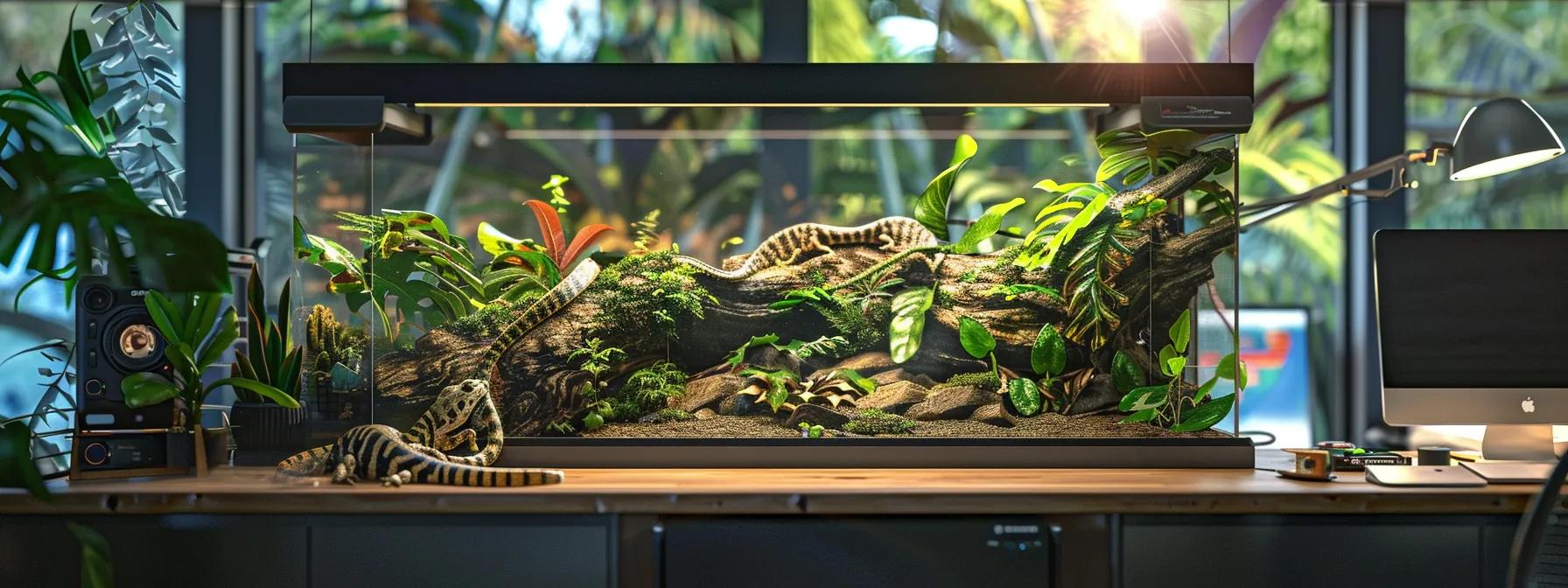 a meticulously arranged reptile terrarium showcases a vibrant, customized habitat with advanced climate control systems and strategically placed decor, all set against a sleek, modern office background. a meticulously arranged reptile terrarium showcases a vibrant, customized habitat with advanced climate control systems and strategically placed decor, all set against a sleek, modern office background.