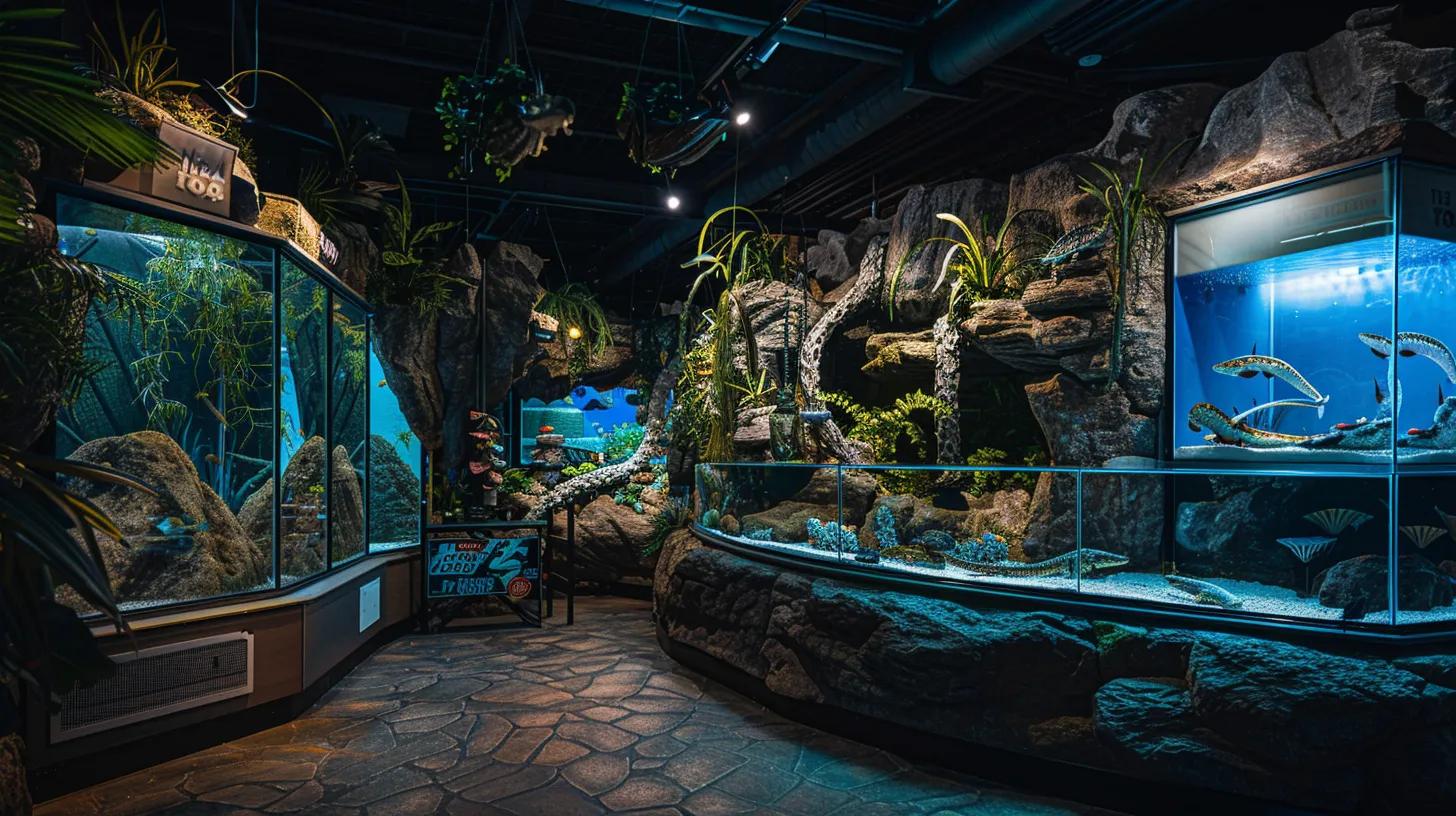 a meticulously arranged reptile habitat within a modern, brightly lit aquarium store showcases essential components like textured substrates, intricate climbing structures, and advanced environmental controls, emphasizing a thriving ecosystem for reptiles. a meticulously arranged reptile habitat within a modern, brightly lit aquarium store showcases essential components like textured substrates, intricate climbing structures, and advanced environmental controls, emphasizing a thriving ecosystem for reptiles.