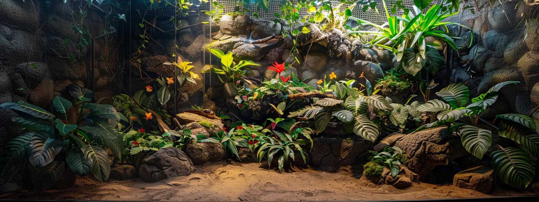 a meticulously arranged reptile enclosure showcases clean, vibrant substrates and decor, illuminated by soft, sterile lighting that emphasizes the importance of proper maintenance for a healthy environment. a meticulously arranged reptile enclosure showcases clean, vibrant substrates and decor, illuminated by soft, sterile lighting that emphasizes the importance of proper maintenance for a healthy environment.