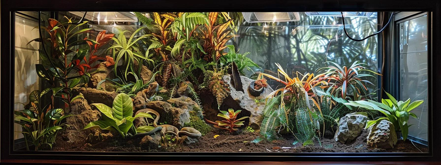 a meticulously arranged reptile habitat inside a modern, well-lit terrarium, showcasing multiple basking areas with basking bulbs, precision thermometers, and reflective materials, all highlighting advanced techniques for optimal heat management and reptile care.