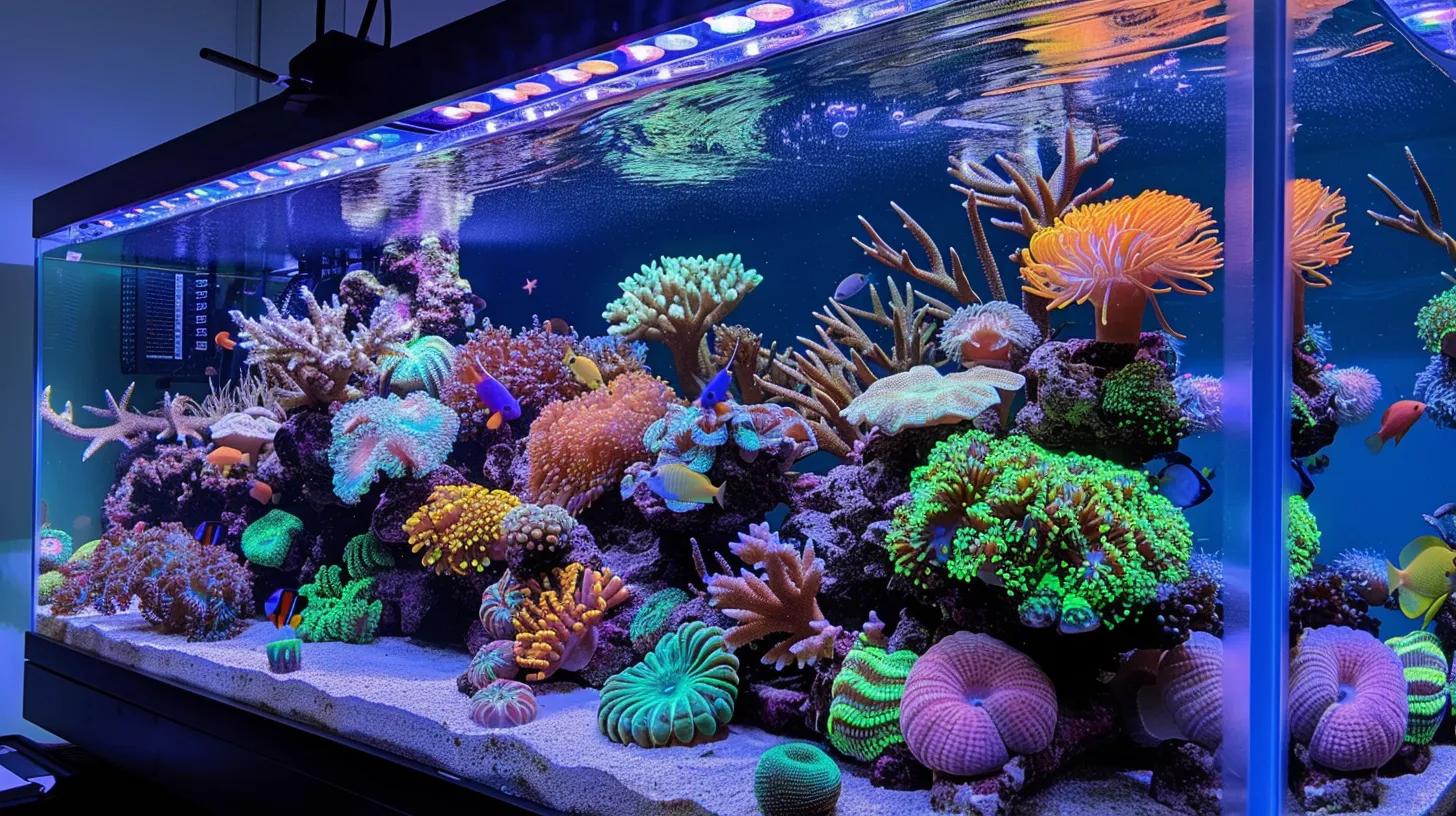 a meticulously arranged saltwater reef aquarium brimming with vibrant coral and colorful fish, showcased in a well-lit modern home office setting, highlighting the intricate details of the marine ecosystem.