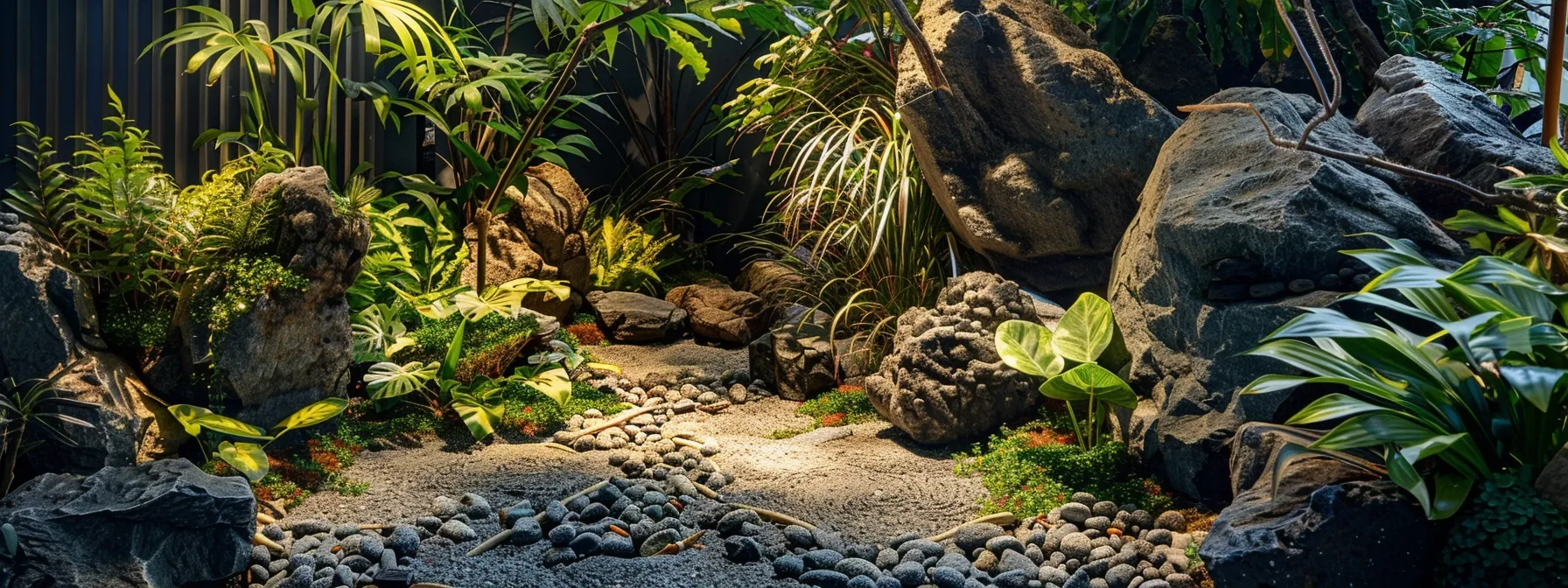 a meticulously arranged urban garden showcases an artistic boulder installation, with carefully placed rocks surrounded by vibrant plants and gravel, under soft artificial lighting that highlights the textures and contrasts of the landscape.
