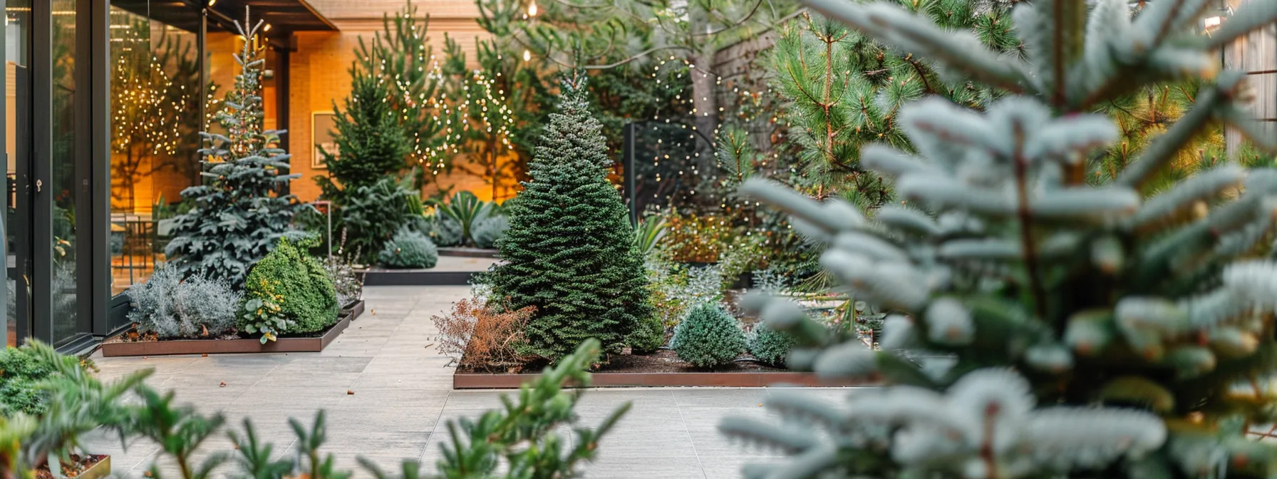 a meticulously arranged urban garden showcasing a variety of evergreen trees—drought-resistant pines, resilient junipers, sturdy spruces, and elegant firs—strategically placed to form a vibrant, structured landscape in a cozy residential setting. a meticulously arranged urban garden showcasing a variety of evergreen trees—drought-resistant pines, resilient junipers, sturdy spruces, and elegant firs—strategically placed to form a vibrant, structured landscape in a cozy residential setting.