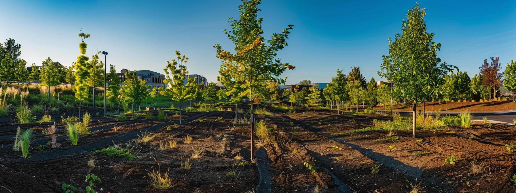 a meticulously arranged urban planting site in boise showcases native trees poised for growth, with vibrant foliage and carefully tilled soil under clear skies, emphasizing the importance of proper siting and soil enhancement.