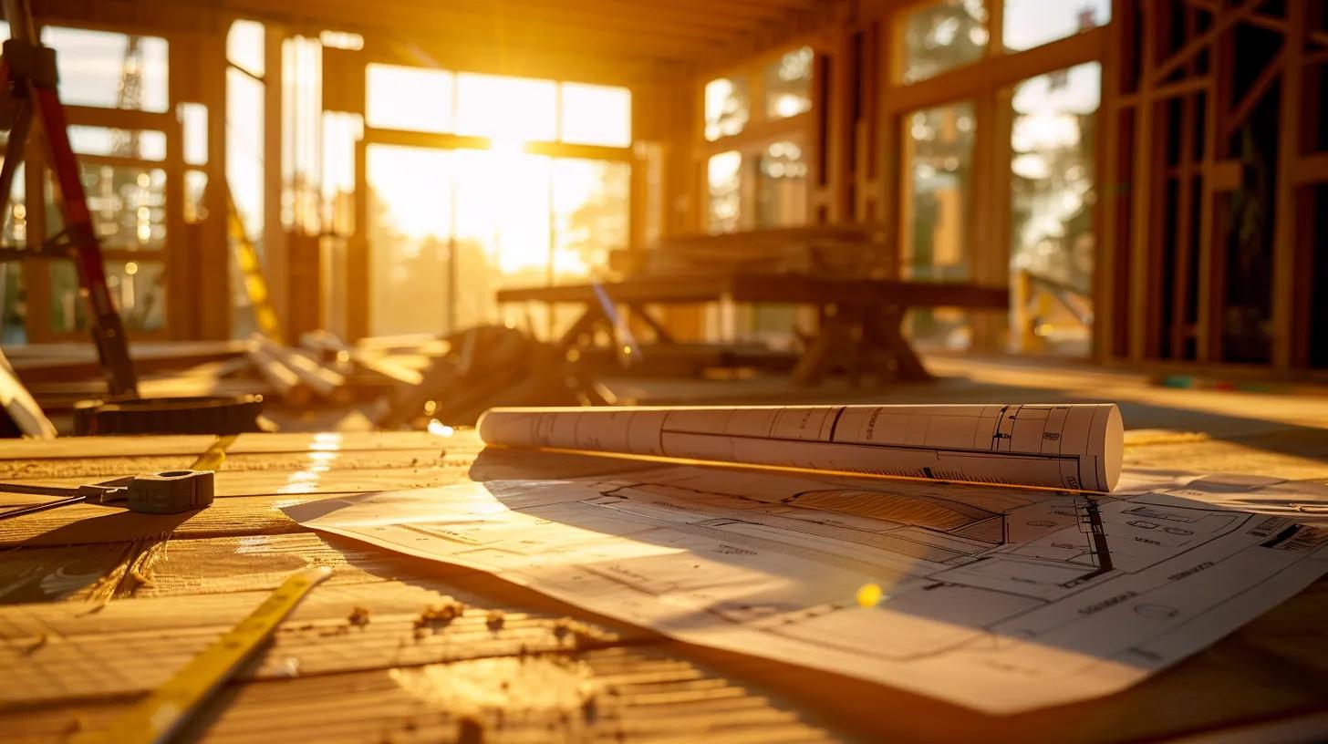 a meticulously arranged worksite showcases a modern home under construction, with vibrant blueprints spread across a sturdy wooden table, surrounded by construction materials and tools basking in golden sunlight, symbolizing the foundation of a successful building journey. a meticulously arranged worksite showcases a modern home under construction, with vibrant blueprints spread across a sturdy wooden table, surrounded by construction materials and tools basking in golden sunlight, symbolizing the foundation of a successful building journey.
