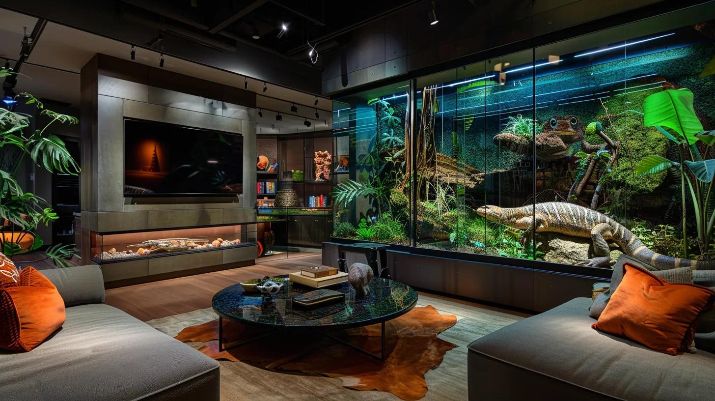 a meticulously crafted custom reptile habitat sits prominently in a modern living room, featuring sleek glass walls, vibrant decor elements, and carefully arranged accessories that enhance both the aesthetic and functional needs of the reptiles inside. a meticulously crafted custom reptile habitat sits prominently in a modern living room, featuring sleek glass walls, vibrant decor elements, and carefully arranged accessories that enhance both the aesthetic and functional needs of the reptiles inside.