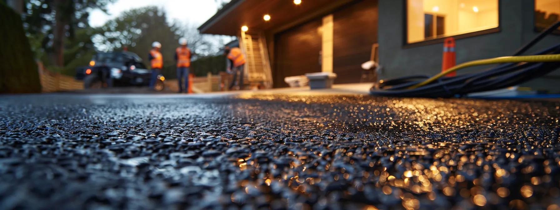 a meticulously designed custom asphalt driveway, showcasing a sleek, polished surface that reflects the impressive architecture of a contemporary home, with construction workers skillfully applying innovative, sustainable materials under the warm glow of strategically placed site lights.