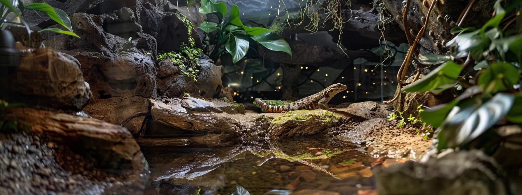 a meticulously designed lizard habitat showcases advanced decor elements, featuring elaborate substrates, textured climbing structures, and innovative lighting effects, all set within a modern terrarium environment to emphasize a thriving, multi-dimensional ecosystem. a meticulously designed lizard habitat showcases advanced decor elements, featuring elaborate substrates, textured climbing structures, and innovative lighting effects, all set within a modern terrarium environment to emphasize a thriving, multi-dimensional ecosystem.