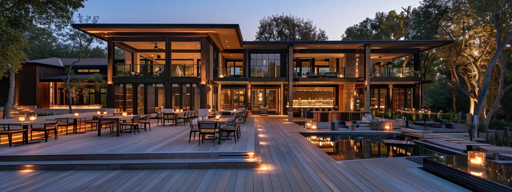 a meticulously designed outdoor deck layout featuring strategically arranged seating areas, dining zones, and pathways that highlight functional flow and aesthetic appeal, all set against a contemporary architectural backdrop. a meticulously designed outdoor deck layout featuring strategically arranged seating areas, dining zones, and pathways that highlight functional flow and aesthetic appeal, all set against a contemporary architectural backdrop.