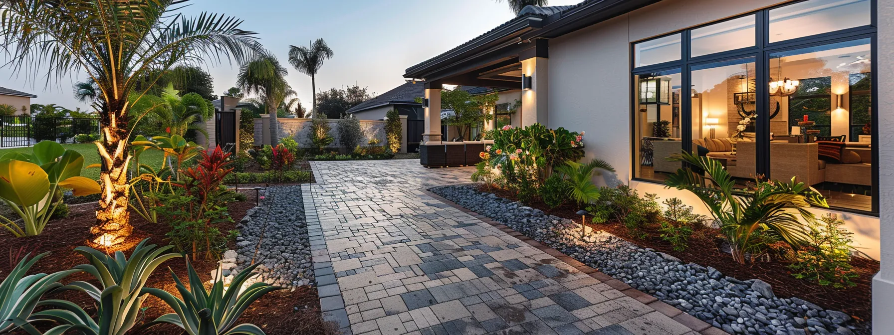 a meticulously designed outdoor living space featuring elegant hardscaping elements, such as stylish stone pathways and vibrant decorative patios, enhances the architectural beauty of a modern home in a charming kissimmee neighborhood. a meticulously designed outdoor living space featuring elegant hardscaping elements, such as stylish stone pathways and vibrant decorative patios, enhances the architectural beauty of a modern home in a charming kissimmee neighborhood.