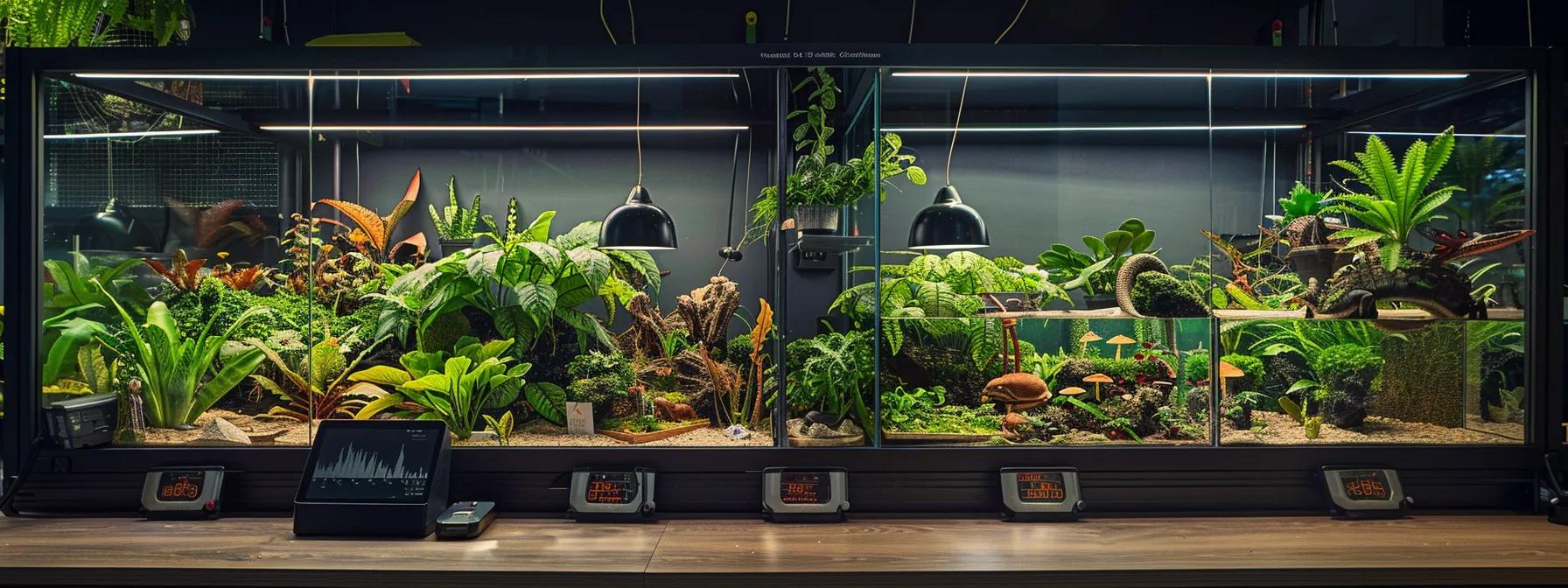 a meticulously designed reptile habitat sits within a clean, modern urban pet store, showcasing vibrant terrariums with carefully arranged water features and humidity gauges, emphasizing the balance between aesthetic appeal and optimal environmental conditions for reptile health. a meticulously designed reptile habitat sits within a clean, modern urban pet store, showcasing vibrant terrariums with carefully arranged water features and humidity gauges, emphasizing the balance between aesthetic appeal and optimal environmental conditions for reptile health.
