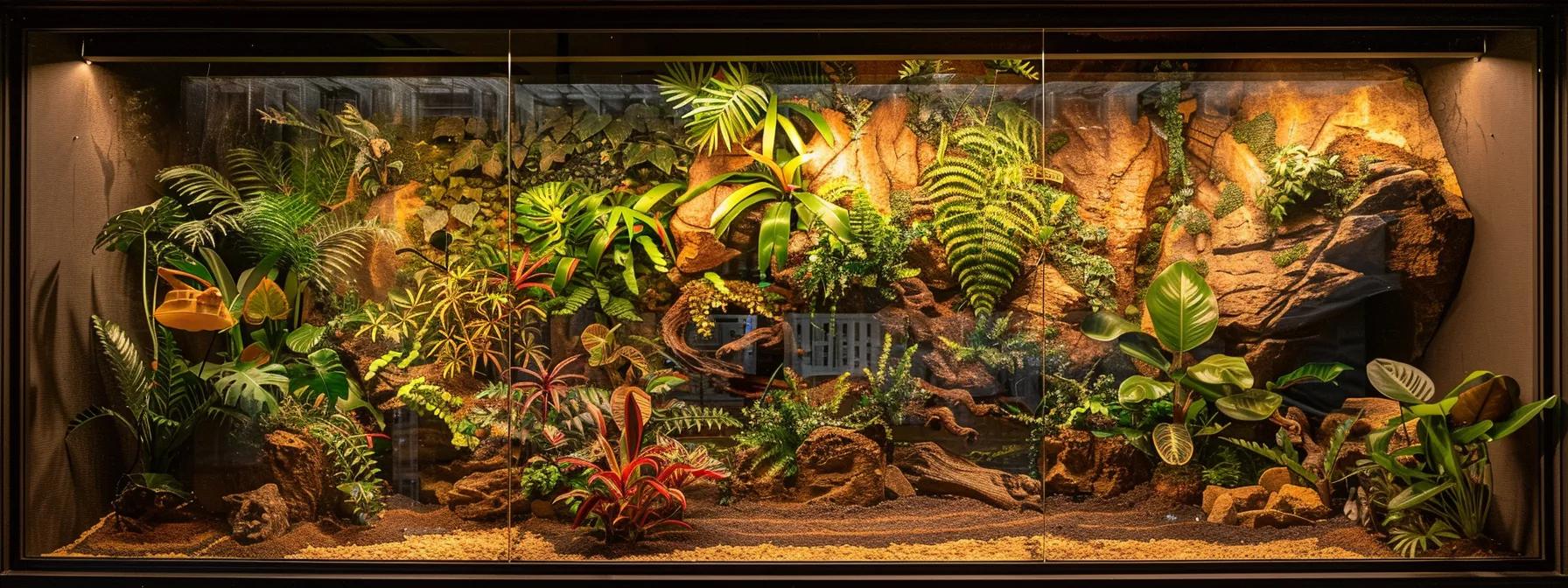 a meticulously designed reptile terrarium showcases a vibrant array of textured substrates, artful landscape elements, and climbing structures, all illuminated by focused, warm lighting that enhances the colors and details of the habitat. a meticulously designed reptile terrarium showcases a vibrant array of textured substrates, artful landscape elements, and climbing structures, all illuminated by focused, warm lighting that enhances the colors and details of the habitat.