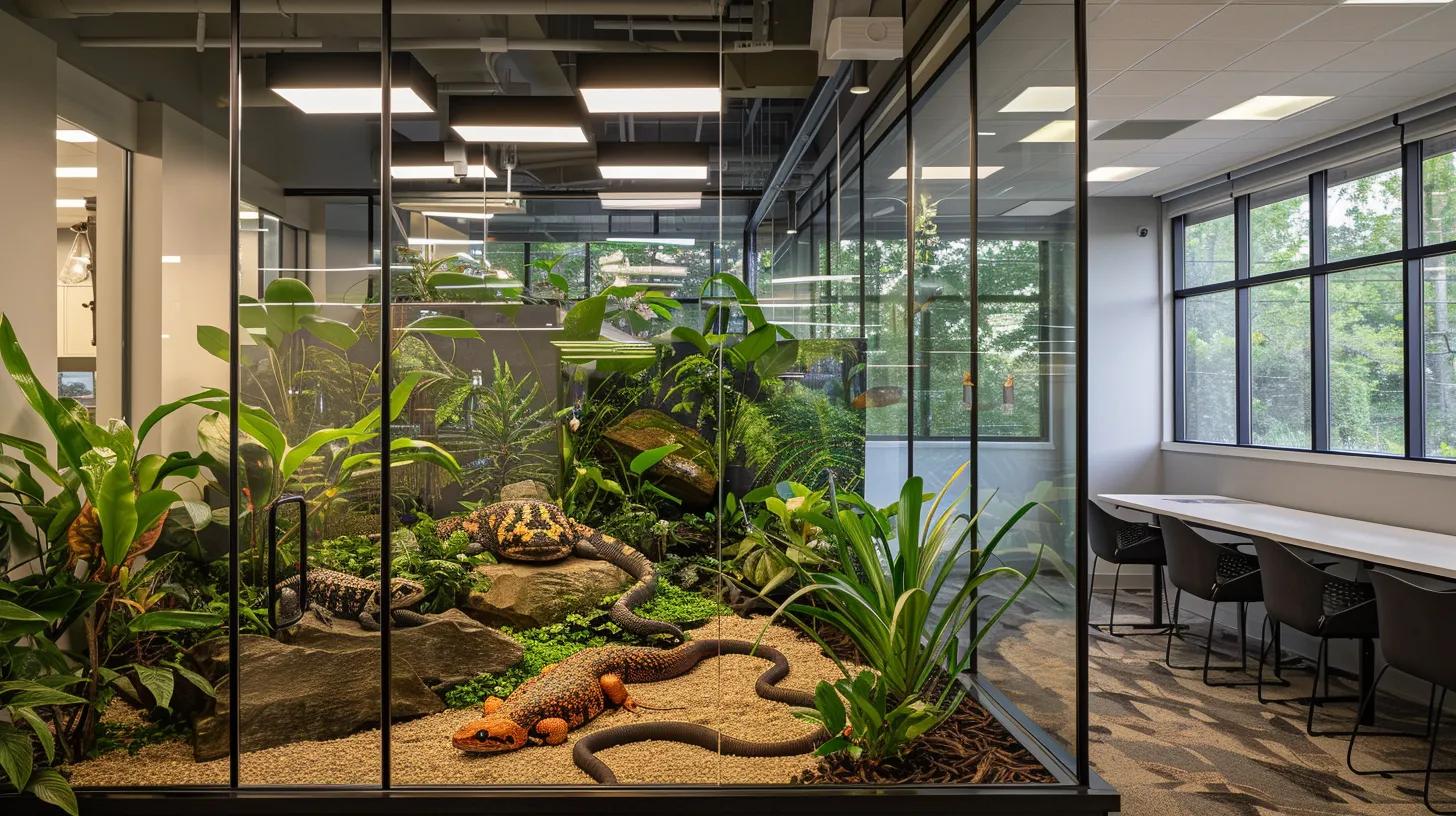 a meticulously designed reptile enclosure in a modern office setting showcases various species-specific habitats, featuring precise temperature and humidity controls, vibrant decor elements mimicking natural environments, and visual aids highlighting essential maintenance guidelines and safety measures. a meticulously designed reptile enclosure in a modern office setting showcases various species-specific habitats, featuring precise temperature and humidity controls, vibrant decor elements mimicking natural environments, and visual aids highlighting essential maintenance guidelines and safety measures.